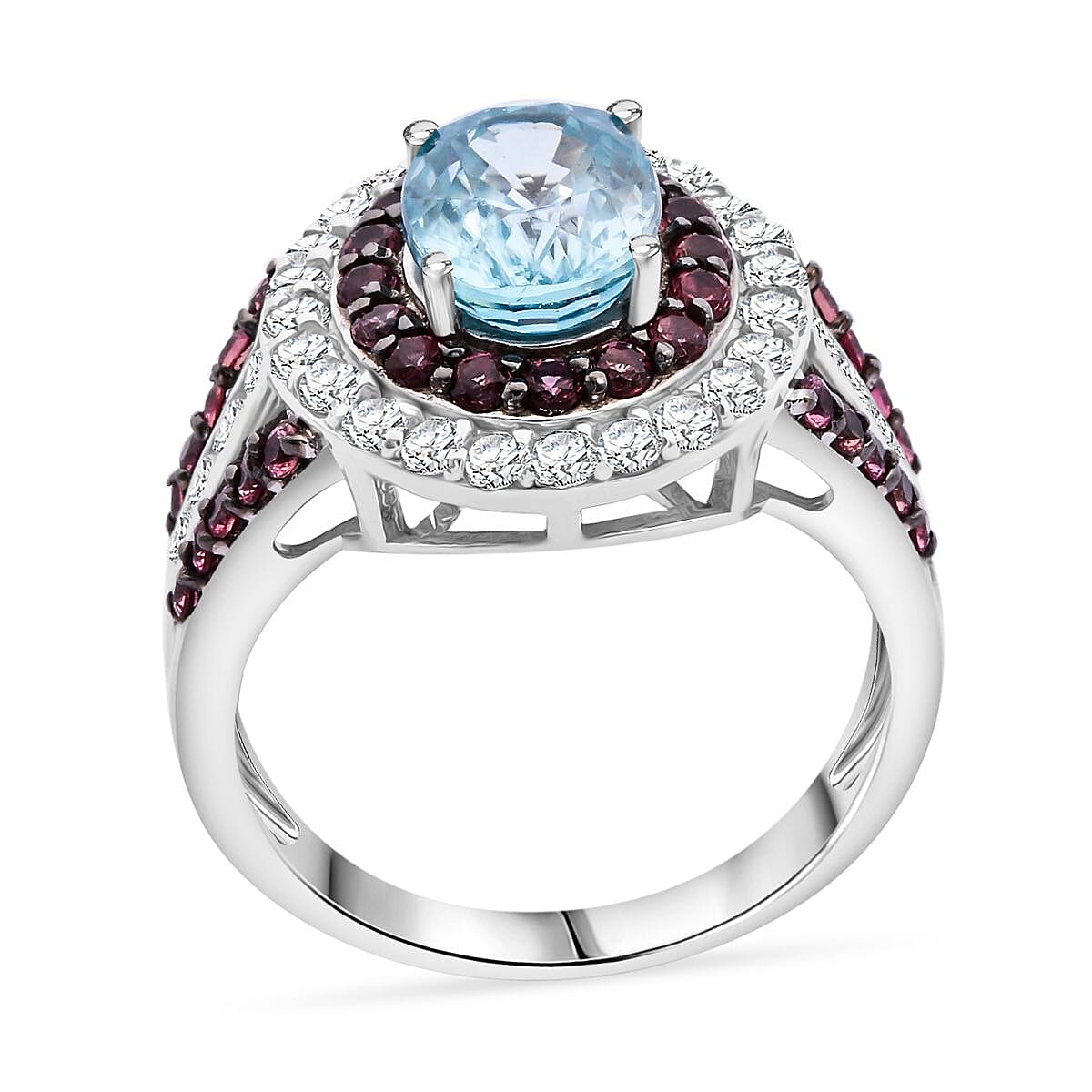 Epic Deal Cambodian Blue Zircon, Brown and White Zircon Ring in Rhodium Over Sterling Silver (Size 10.0) 4.80 ctw