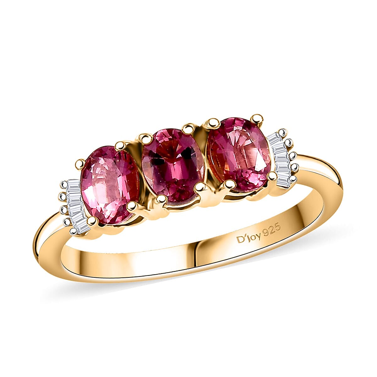 Premium Ouro Fino Rubellite and Diamond 1.10 ctw Trinity Ring in 18K Vermeil Yellow Gold Over Sterling Silver (Size 10.0)