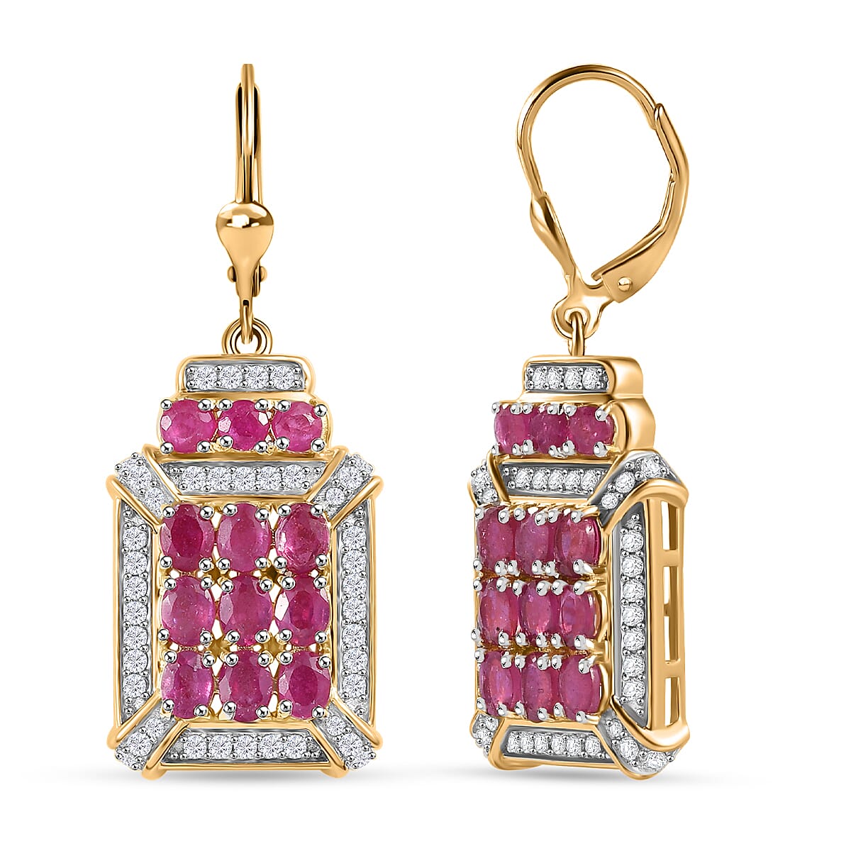 Mozambique Ruby and White Zircon 6.15 ctw Earrings in 18K Vermeil Yellow Gold Over Sterling Silver