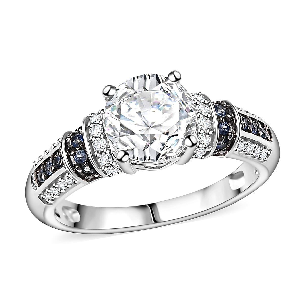 Epic Deal Moissanite (Rnd 7.5mm), Blue Sapphire Ring in Rhodium Over Sterling Silver (Size 10.0) 2.00 ctw