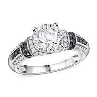 Epic Deal Moissanite (Rnd 7.5mm), Blue Sapphire Ring in Rhodium Over Sterling Silver (Size 10.0) 2.00 ctw