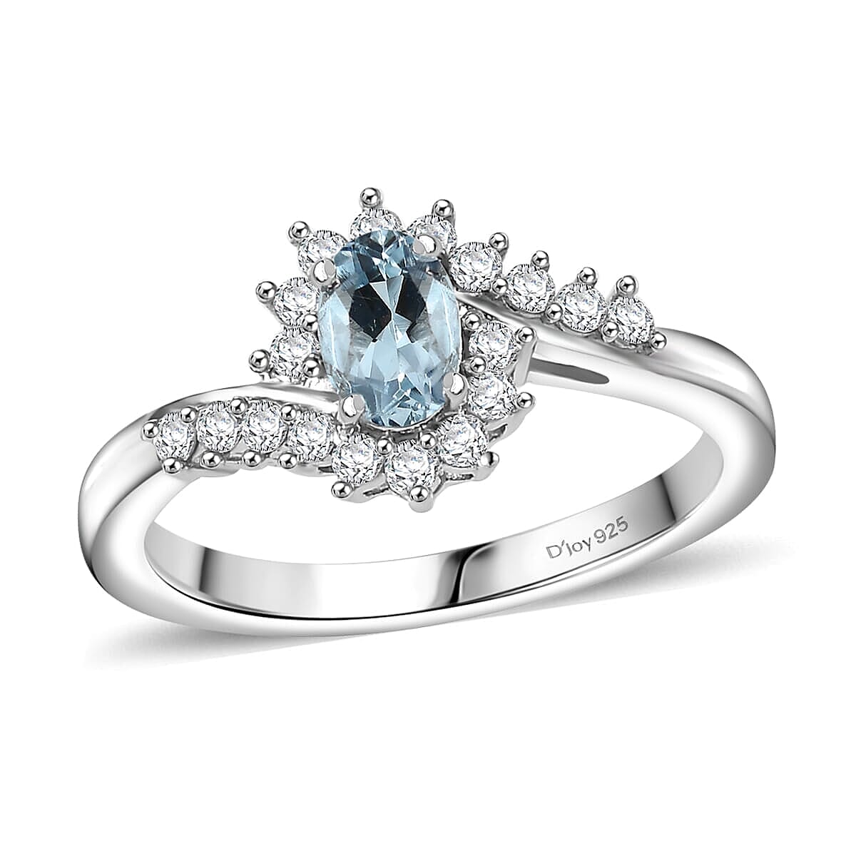 Premium Mangoro Aquamarine, White Zircon Ocean Wave Ring in Rhodium Over Sterling Silver (Size 10.0) 0.75 ctw