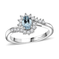 Premium Mangoro Aquamarine, White Zircon Ocean Wave Ring in Rhodium Over Sterling Silver (Size 10.0) 0.75 ctw
