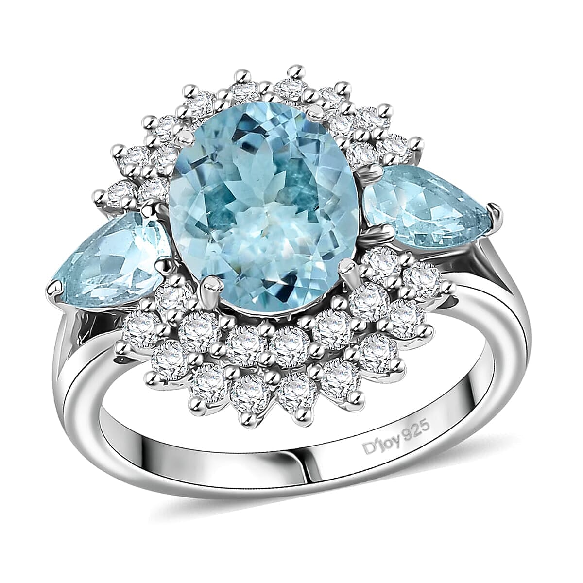 Premium Mangoro Aquamarine and White Zircon 4.60 ctw Glacier Bloom Ring in Rhodium Over Sterling Silver