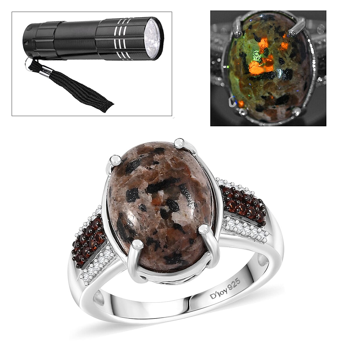 Natural Yooperlite and Multi Gemstone 6.00 ctw Ring in Rhodium Over Sterling Silver with Free UV Flash Light