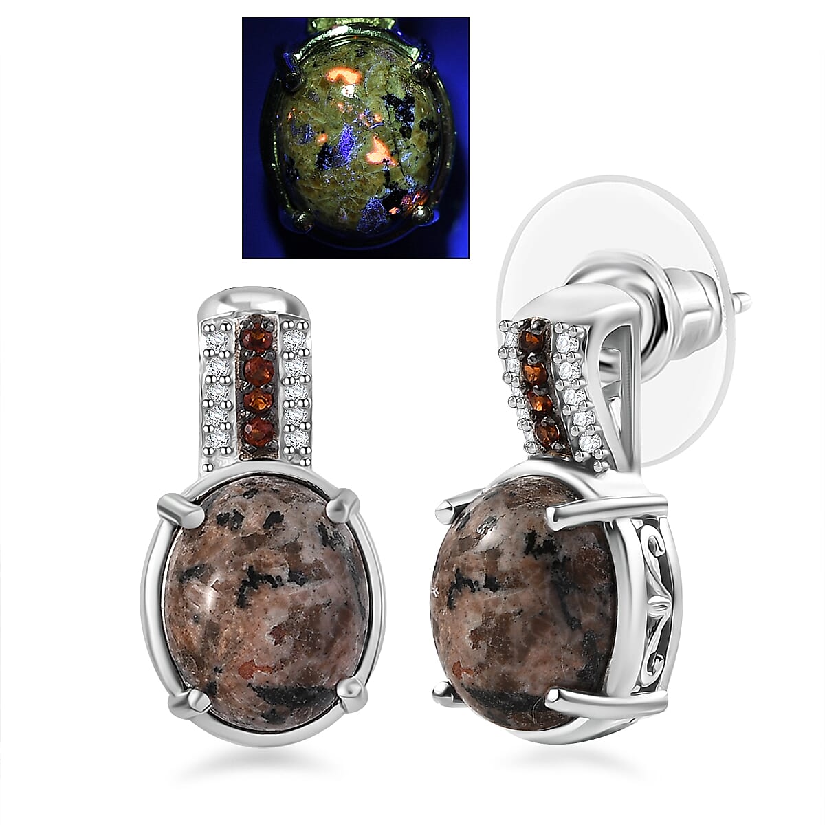D'Joy Natural Yooperlite and Multi Gemstone 7.70 ctw Lunar Glow Earrings in Rhodium Over Sterling Silver with Free UV Flash Light