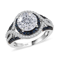 D'Joy 100 Facets Moissanite (Rnd 9mm), Yellow Sapphire Ring in Rhodium Over Sterling Silver (Size 10.0) 3.70 ctw