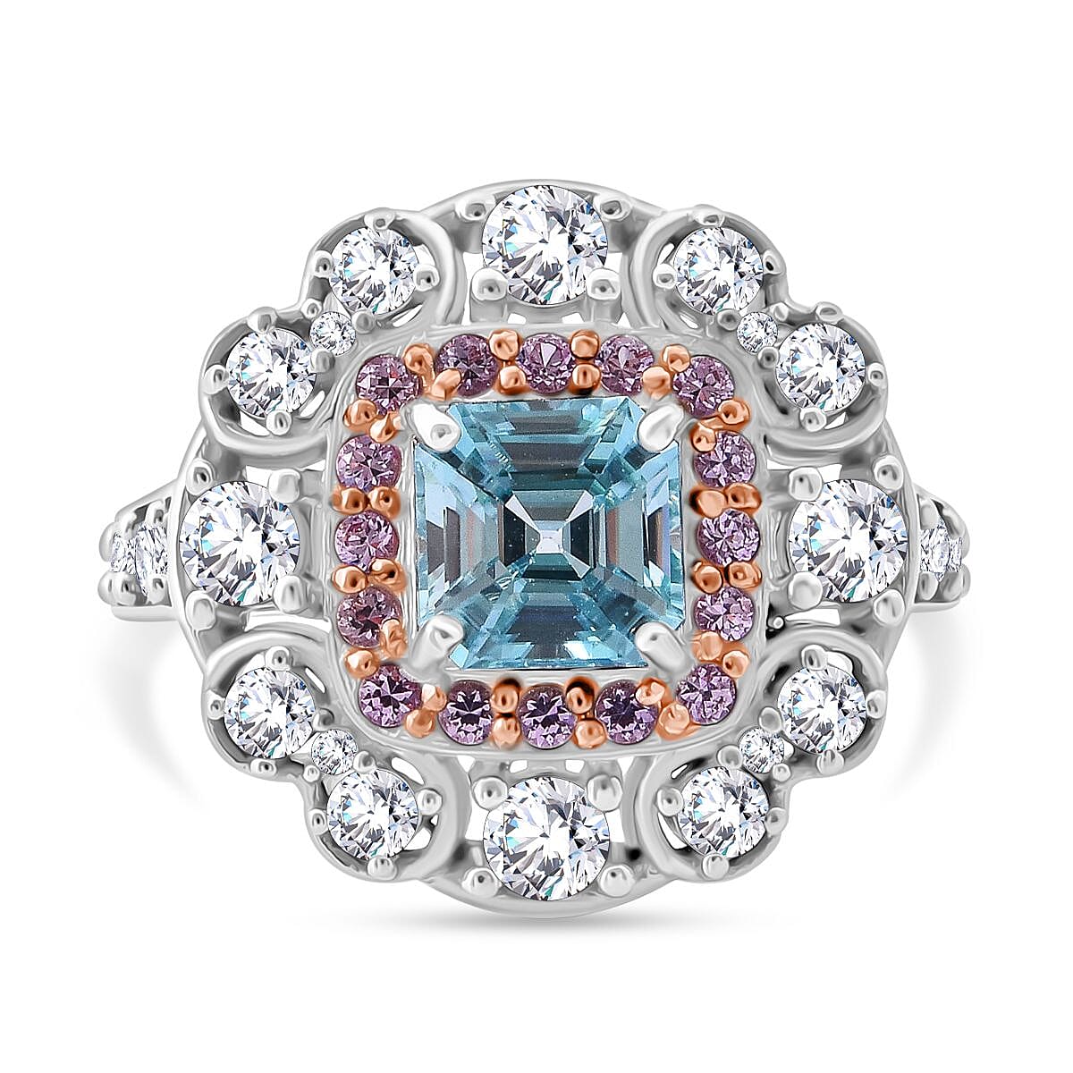 Combodian Blue Zircon, Multi Gemstone Ring in Rhodium Over Sterling Silver (Size 7.0) 1.80 ctw