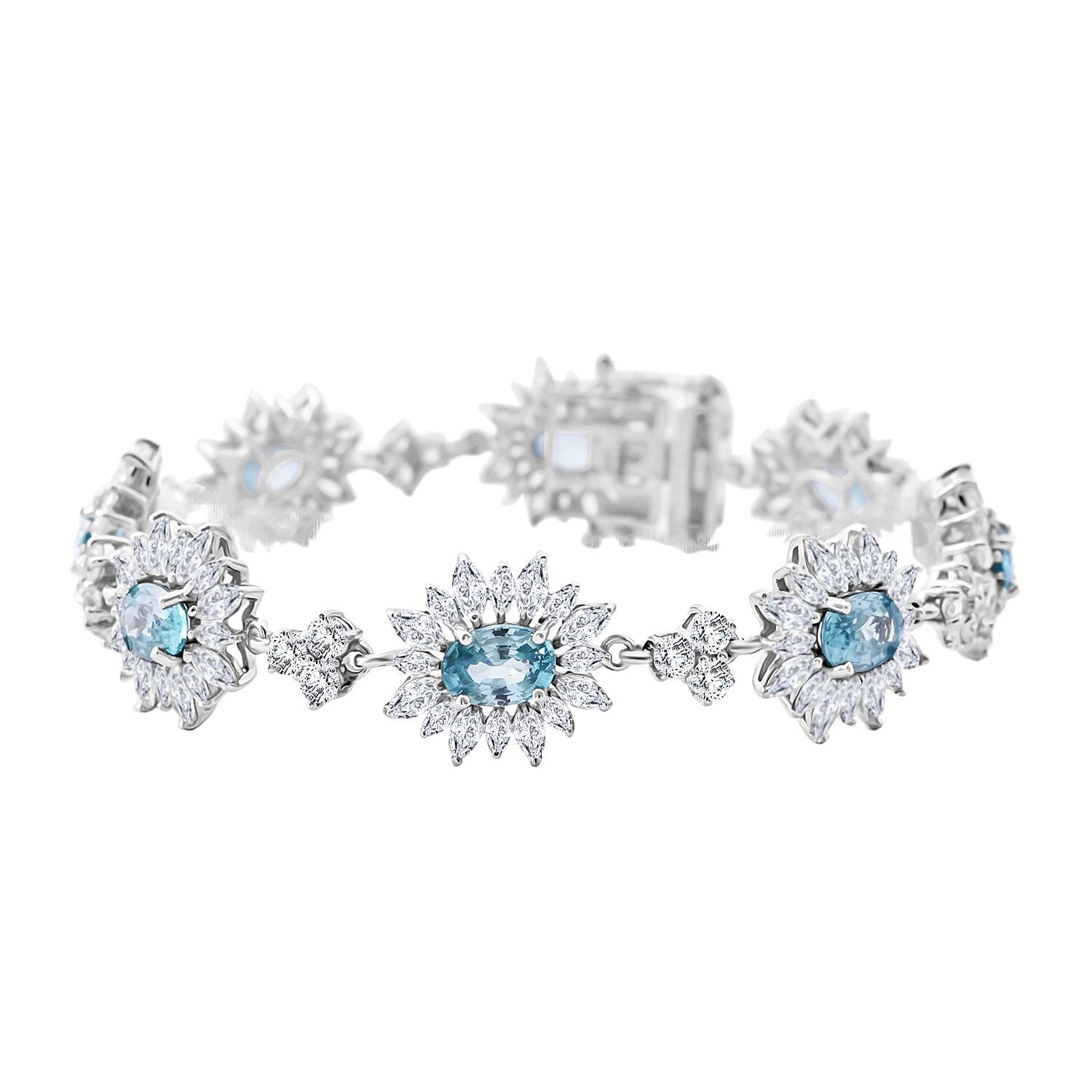 Premium Cambodian Blue Zircon, White Zircon Sunburst Bracelet in Rhodium Over Sterling Silver (6.50 In) 18.50 ctw
