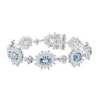 Premium Cambodian Blue Zircon, White Zircon Sunburst Bracelet in Rhodium Over Sterling Silver (6.50 In) 18.50 ctw
