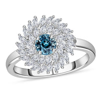 Premium Cambodian Blue Zircon, White Zircon Celestial Swirl Ring in Rhodium Over Sterling Silver (Size 10.0) 2.35 ctw