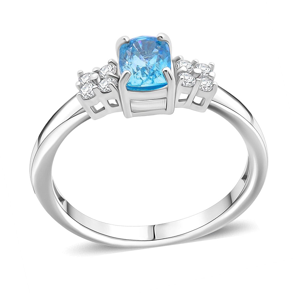 Premium Cambodian Blue Zircon, Moissanite Promise Ring in Rhodium Over Sterling Silver (Size 10.0) 1.70 ctw
