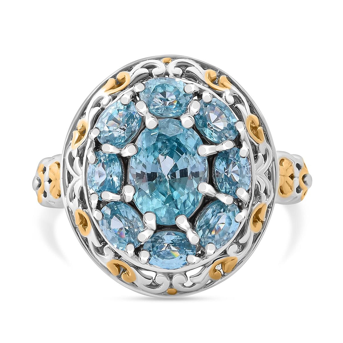 Premium Cambodian Blue Zircon and White Zircon 5.00 ctw Ring in Vermeil YG and Rhodium Over Sterling Silver (Size 7.0)