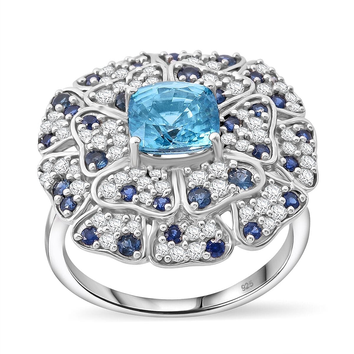 Premium Cambodian Blue Zircon, Multi Gemstone Floral Ring in Rhodium Over Sterling Silver (Size 10.0) 4.10 ctw