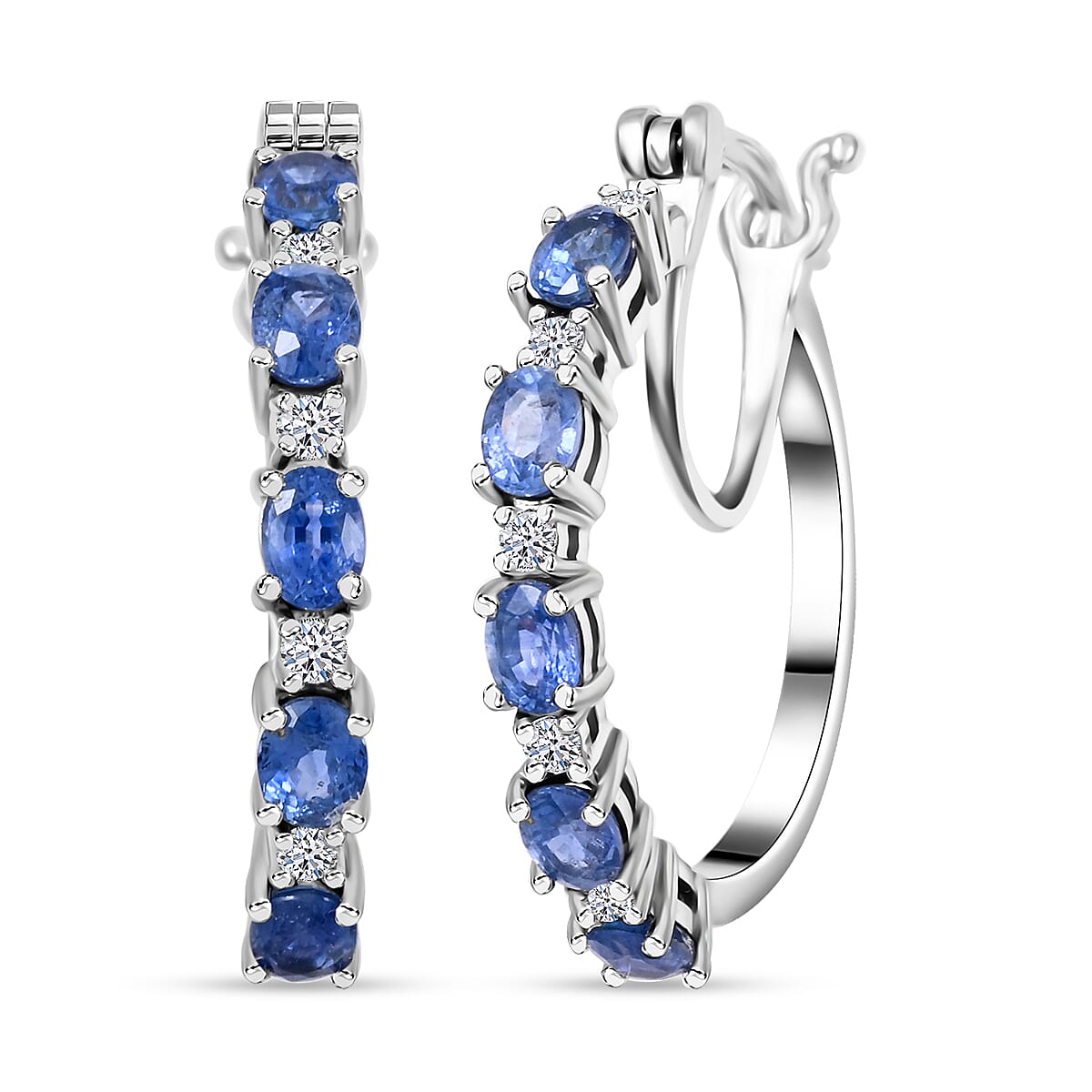 Ceylon Blue Sapphire, Luxuriant Lab Grown Diamond Hoop Earrings in Rhodium Over Sterling Silver 2.65 ctw
