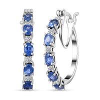 Ceylon Blue Sapphire, Luxuriant Lab Grown Diamond Hoop Earrings in Rhodium Over Sterling Silver 2.65 ctw