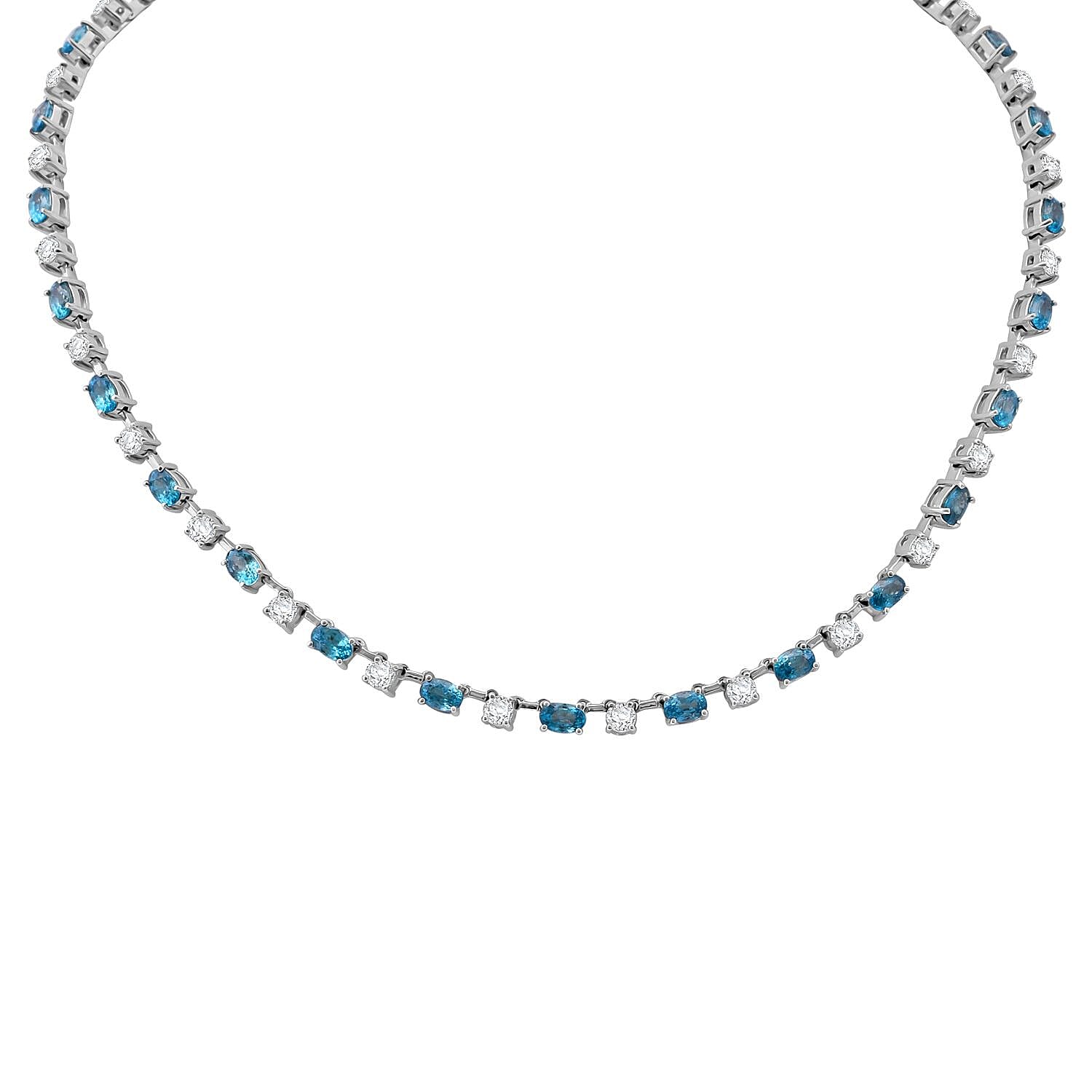 Premium Cambodian Blue Zircon and Moissanite 29.70 ctw Necklace in Rhodium Over Sterling Silver 18 Inches