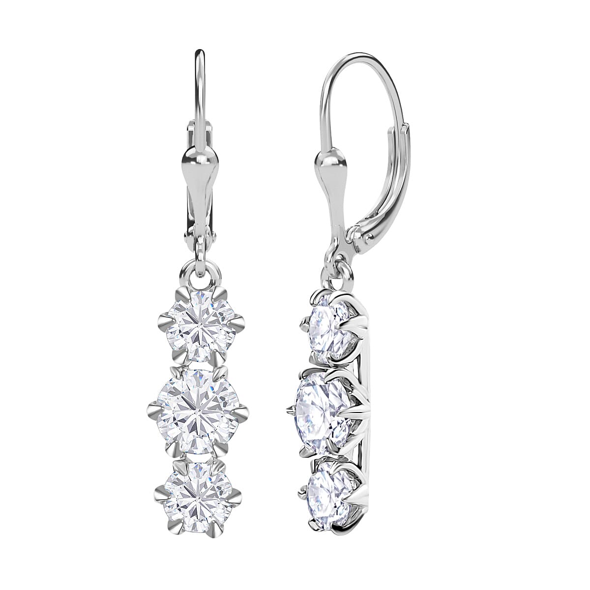 One Time Only Moissanite (Rnd 6mm) Lever Back Earrings in Rhodium Over Sterling Silver 3.35 ctw