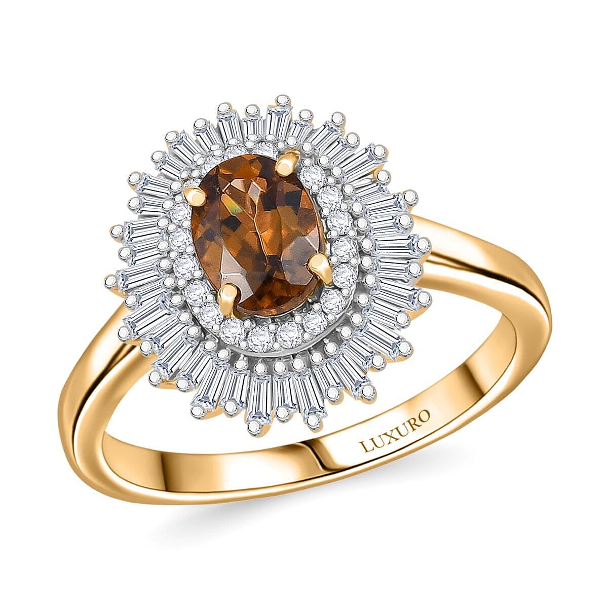 Luxoro 10K Yellow Gold Premium Golden Turkizite, White Diamond (I2) (0.43 cts) Sunburst Halo Ring (Size 6.0) 1.30 ctw