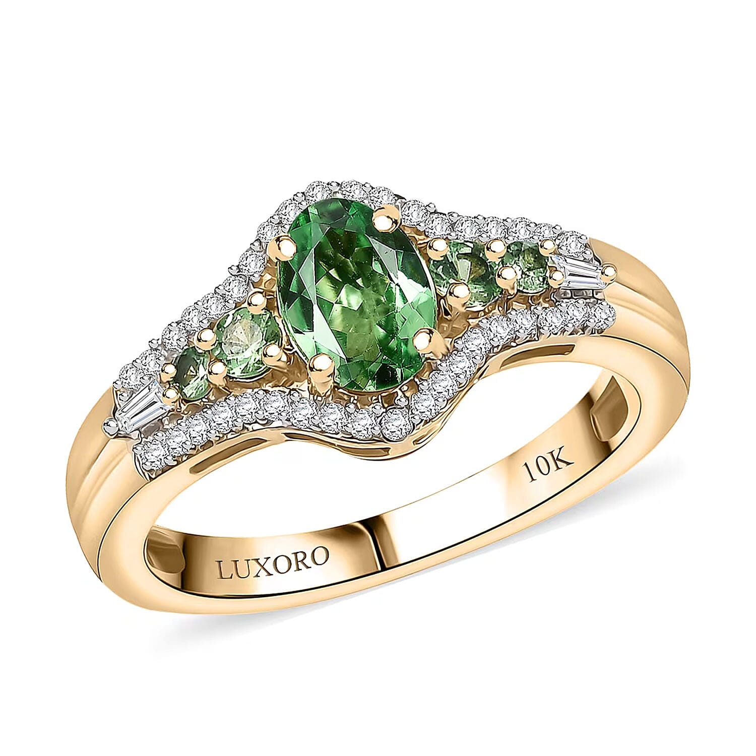 Luxoro 10K Yellow Gold Premium Tsavorite Garnet, Diamond (I2) Ring (Size 8.5) 1.25 ctw