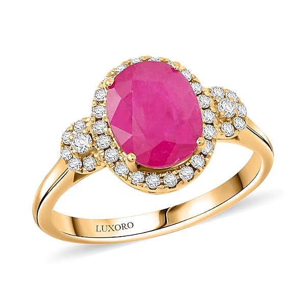 Certified & Appraised Luxoro 14K Yellow Gold AAA Royal Ruby, Diamond (I2) (0.28 cts) Ring (Size 10.0) 2.50 ctw