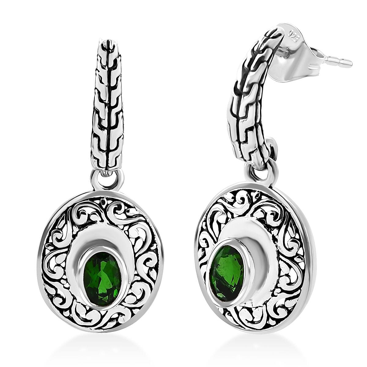 Bali Legacy Chrome Diopside 1.00 ctw Tulang Naga Texture Earrings in Sterling Silver