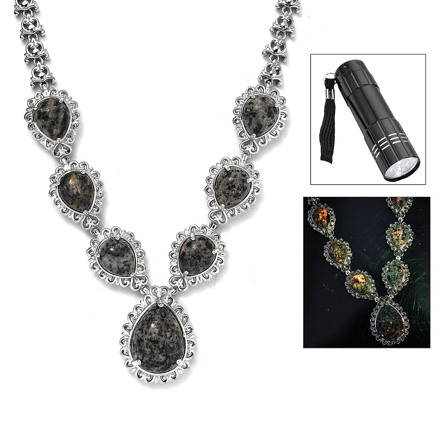 Karis Natural Yooperlite 23.80 ctw Midnight Majesty Necklace in Platinum Bond 18-20 Inches with Free UV Flash Light