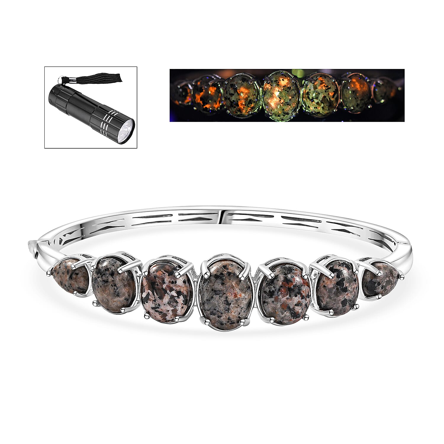 Karis Natural Yooperlite 27.80 ctw Bangle Bracelet in Platinum Bond (6.50 In) with Free UV Flash Light