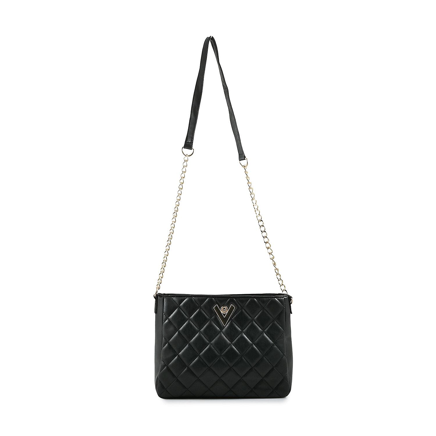 Valentino Orlandi Black Quilted Leather Crossboday Bag with Golden Chain Strap