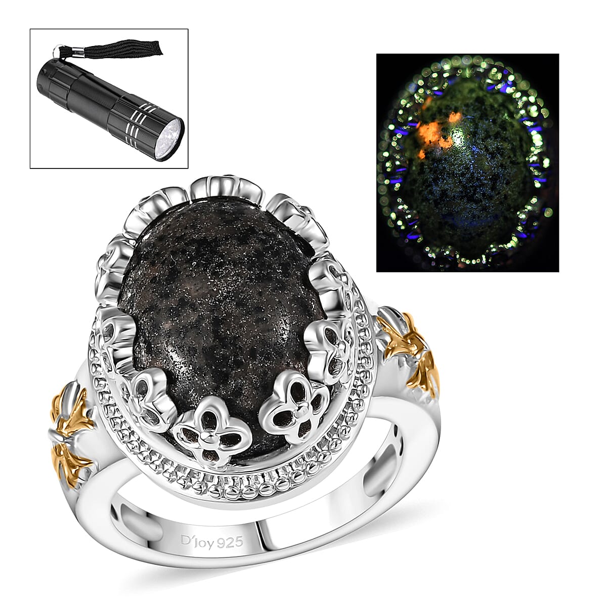 Karis Natural Yooperlite 9.00 ctw Crown Ring in 18K YG Plated and Platinum Bond (Size 7.0) with Free UV Flash Light
