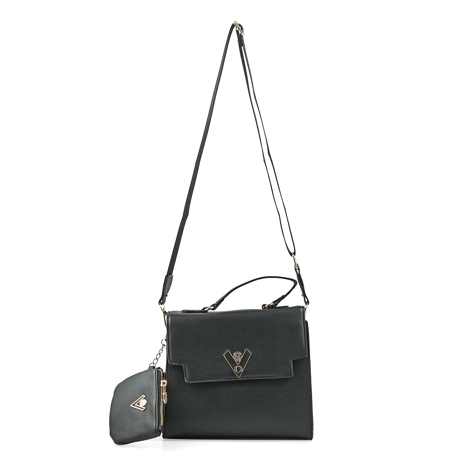 Valentino Orlandi Black Flapover V Logo Leather Satchel Bag with Adjustable Strap and Additional Wallet