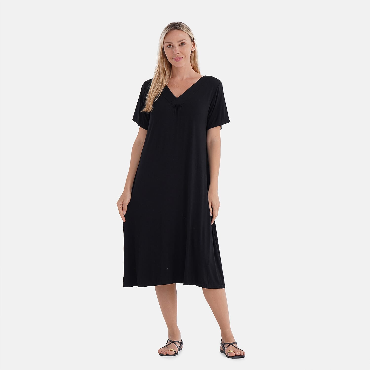 TAMSY Black Solid Knit Summer House Dress with Sleeves - One Size Fits Most