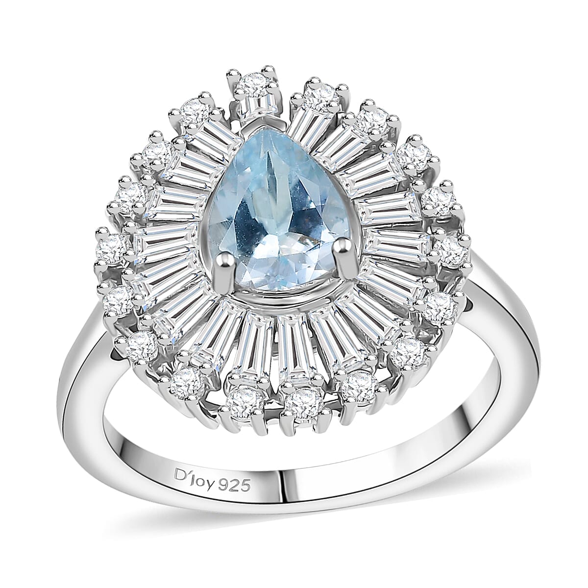 Premium Mangoro Aquamarine, Moissanite Oceans Tear Ring in Rhodium Over Sterling Silver (Size 10.0) 1.90 ctw