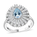 Premium Mangoro Aquamarine, Moissanite Oceans Tear Ring in Rhodium Over Sterling Silver (Size 10.0) 1.90 ctw - Sticky add to cart bar