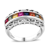 Multi Sapphire Band Ring in Rhodium Over Sterling Silver (Size 10.0) 1.25 ctw