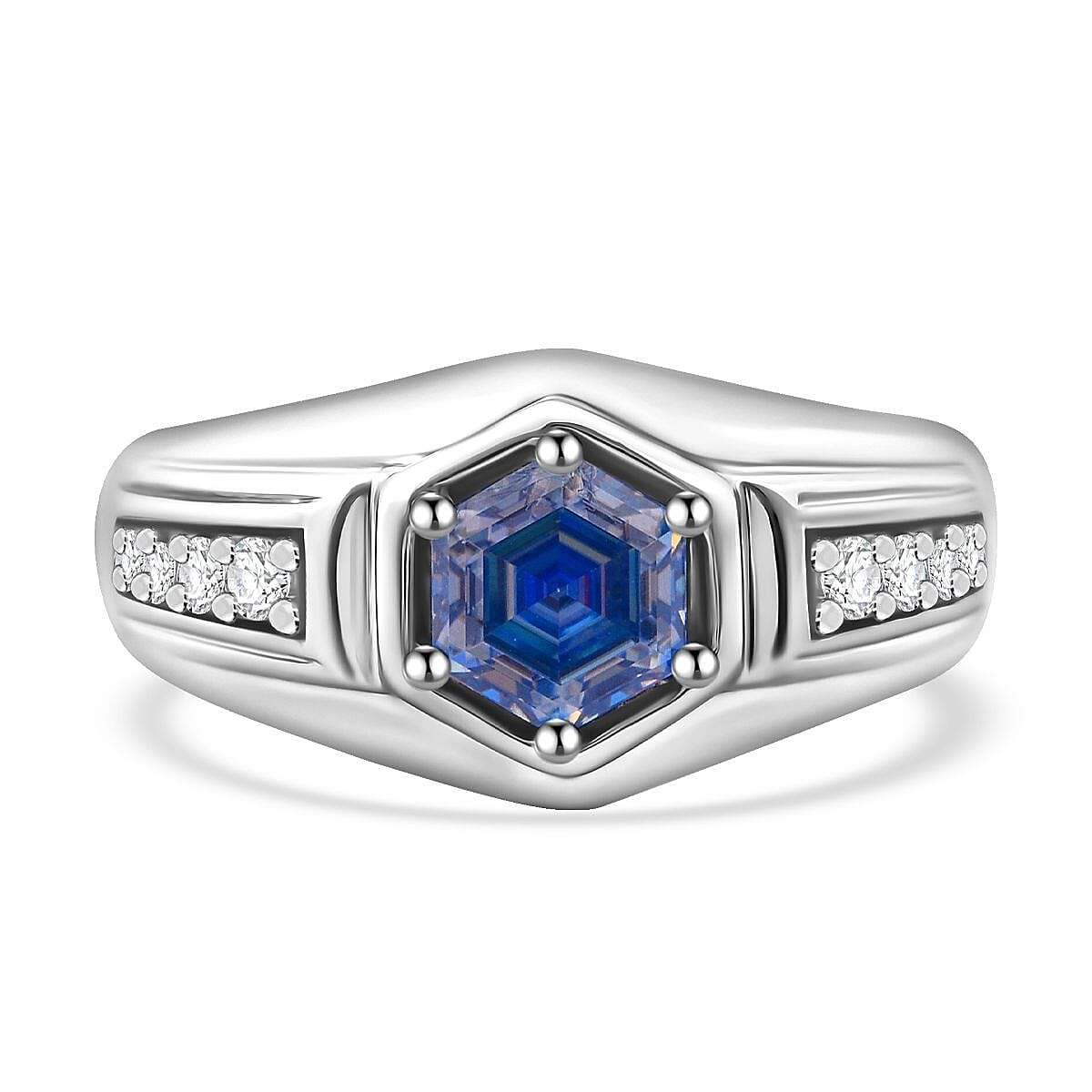 Blue and White Moissanite 1.25 ctw Mens Ring in Rhodium Over Sterling Silver (Size 10.0)