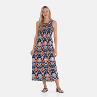 TAMSY Light Blue Lemon Smocked Sleeveless Double Knit Dress with Waist Tie - One Size Fits Most
