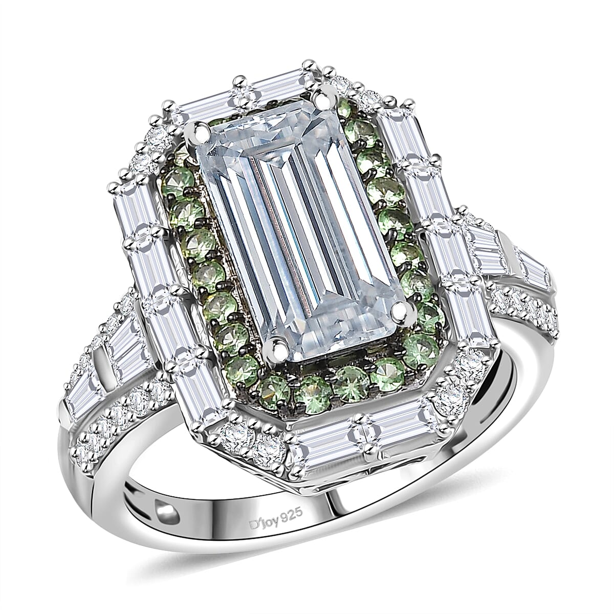 Moissanite (Oct 13x6mm), Tsavorite Garnet Ring in Rhodium Over Sterling Silver (Size 10.0) 4.65 ctw