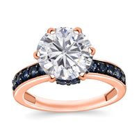 Heart & Arrow Cut Moissanite and Blue Sapphire 4.85 ctw Ring in 18K Vermeil Rose Gold Over Sterling Silver