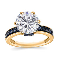 Heart & Arrow Cut Moissanite and Blue Sapphire 4.85 ctw Ring in 18K Vermeil Rose Gold Over Sterling Silver