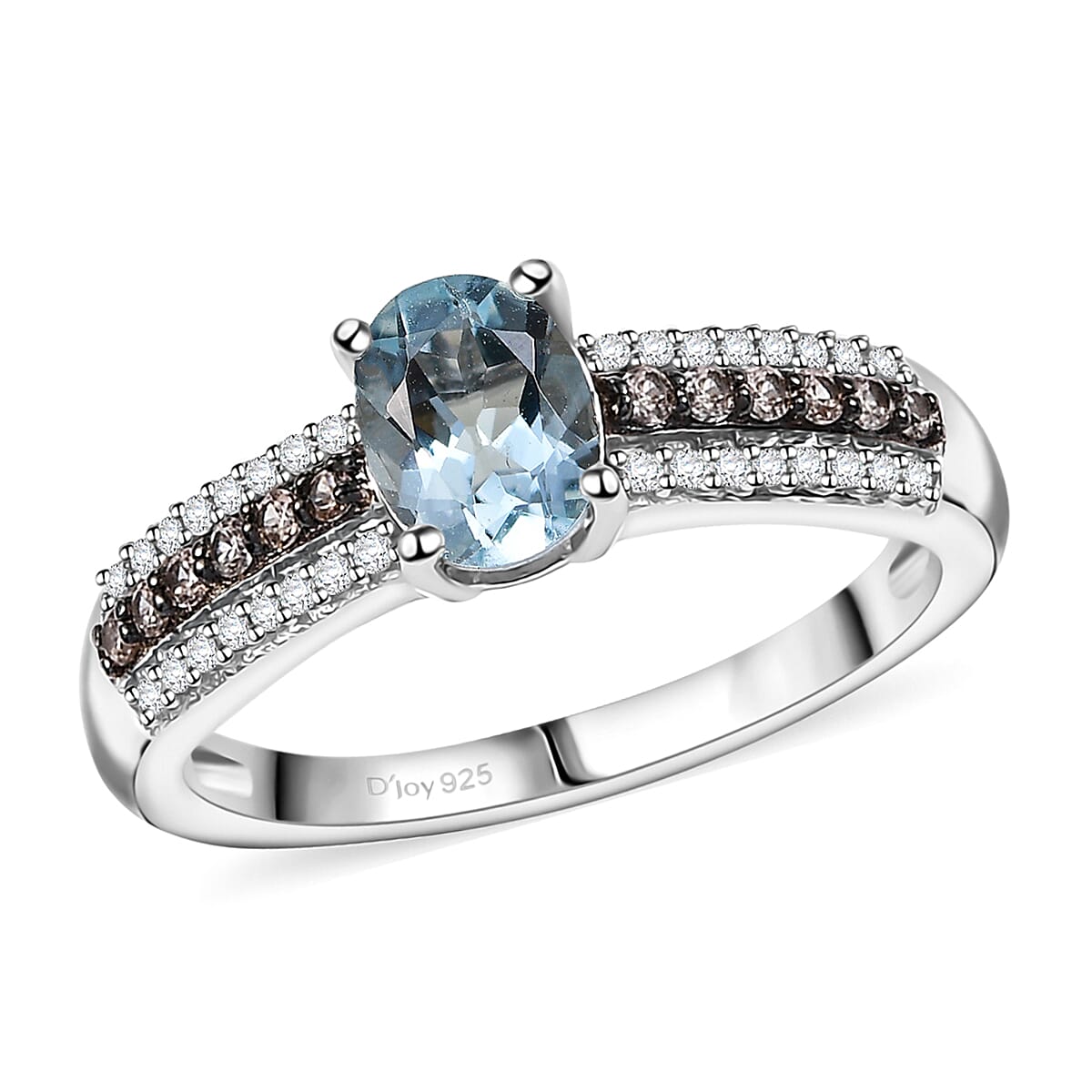 Aquamarine ,  White Zircon ,  Coffee Zircon  Main Stone With Side Stone Ring in Rhodium OverlaySterling Silver 1.09 ctw