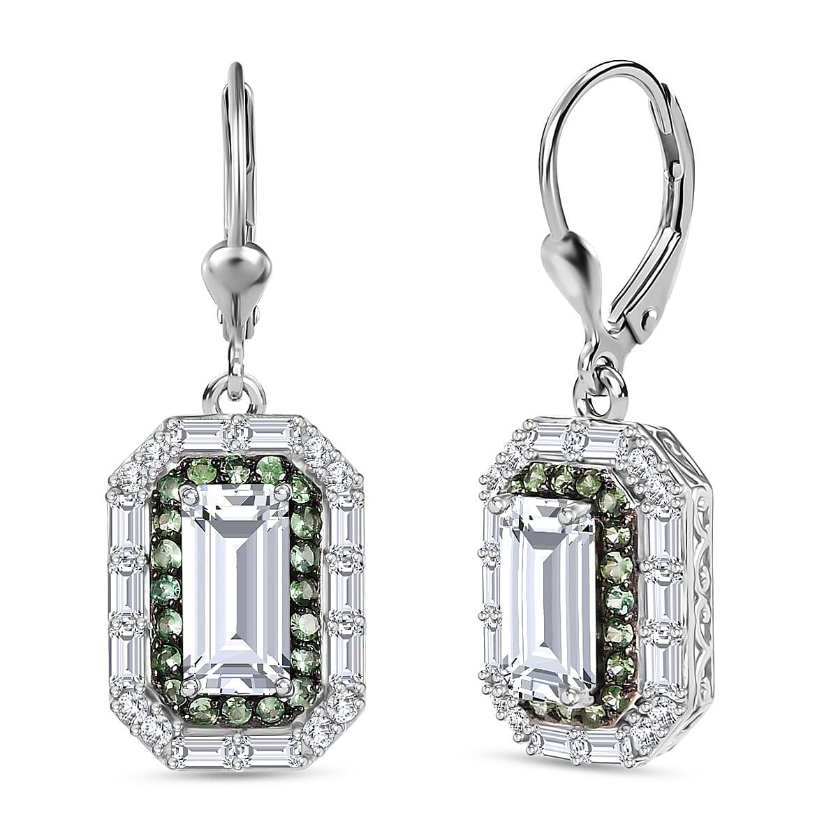 D'Joy Moissanite (Oct 10x5mm), Tsavorite Garnet Art Deco Lever Back Earrings in Rhodium Over Sterling Silver 5.80 ctw