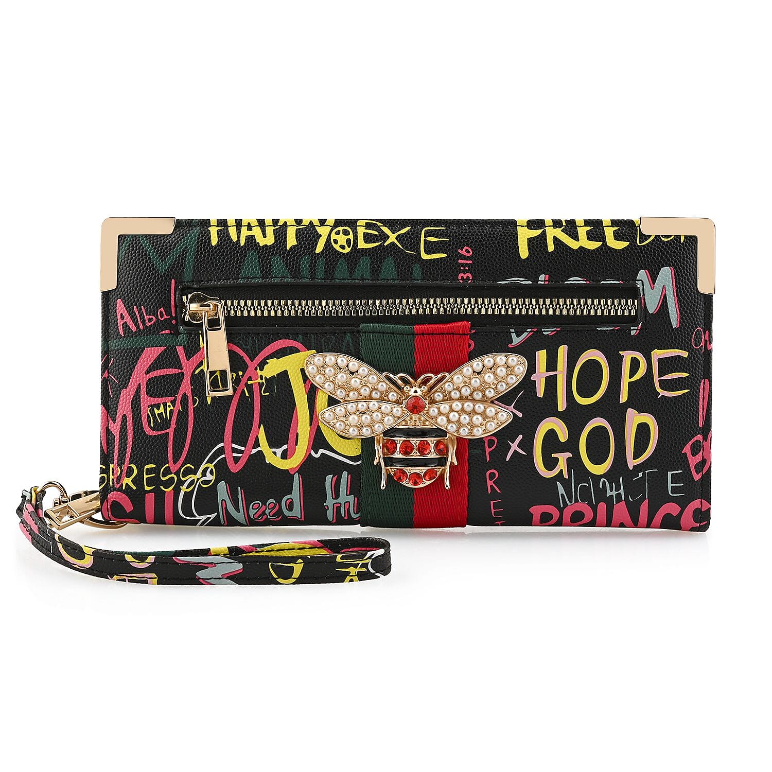 Black & Multi Color Graffiti Design Vegan Leather Zipper Wristlet Wallet