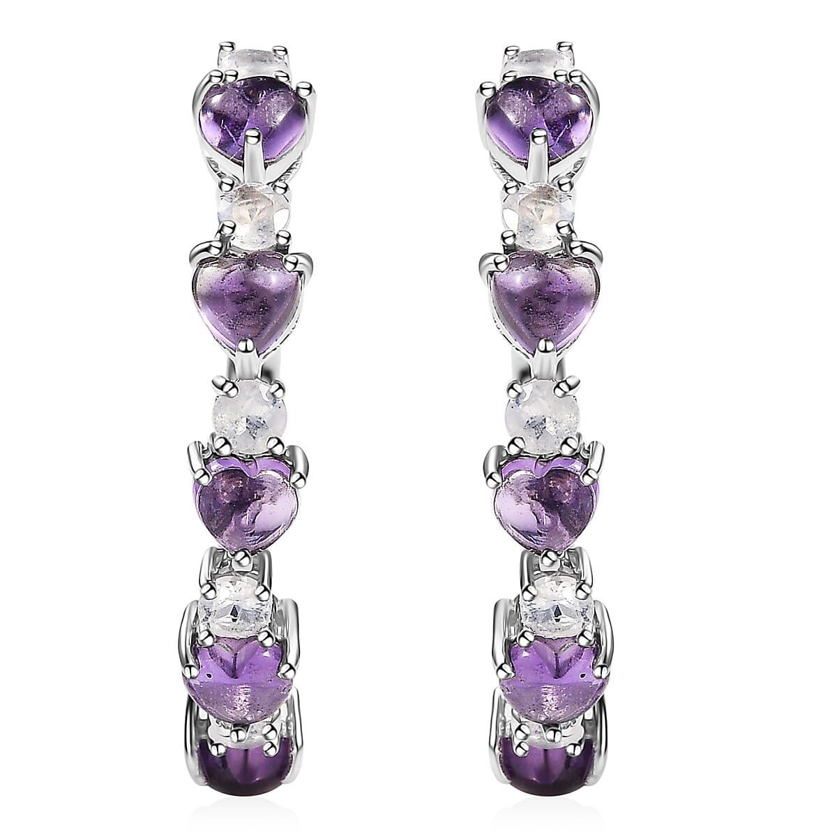 Karis African Amethyst and Rainbow Moonstone 4.65 ctw Hoop Earrings in Platinum Bond
