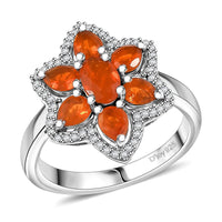 Crimson Fire Opal and White Zircon 1.25 ctw Luminous Dahlia Ring in Rhodium Over Sterling Silver (Size 10.0)