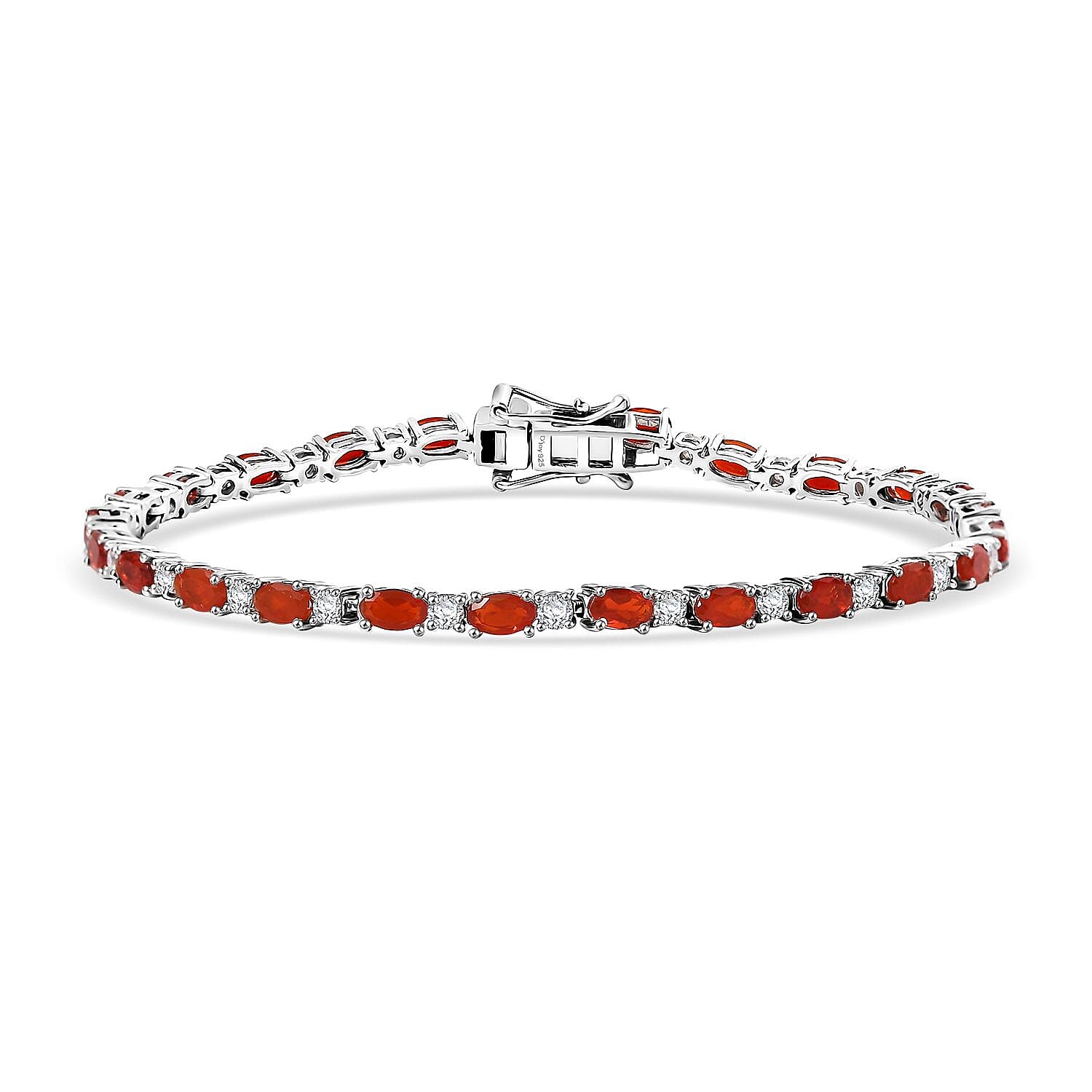 Crimson Fire Opal and Moissanite 4.60 ctw Fiery Tennis Bracelet in Rhodium Over Sterling Silver (6.50 In)