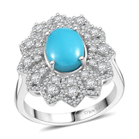 Premium Sleeping Beauty Turquoise, Moissanite Ring in Rhodium OverSterling Silver (Size 7.0) 2.75 ctw
