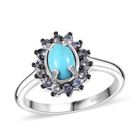 Premium Sleeping Beauty Turquoise, Tanzanite Ring in Rhodium Over Sterling Silver (Size 10.0) 1.00 ctw