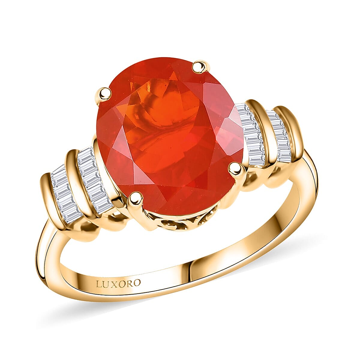 Luxoro Premium Crimson Fire Opal and I2 Diamond 3.45 ctw Dawnfire Ring in 10K Yellow Gold