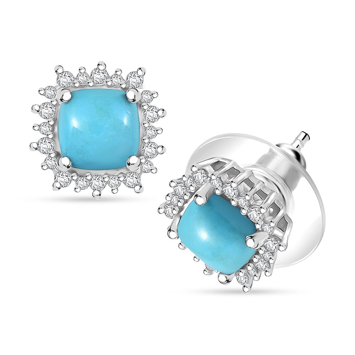 D'Joy Premium Sleeping Beauty Turquoise and White Zircon 2.10 ctw Ocean Crown Earrings in Rhodium Over Sterling Silver